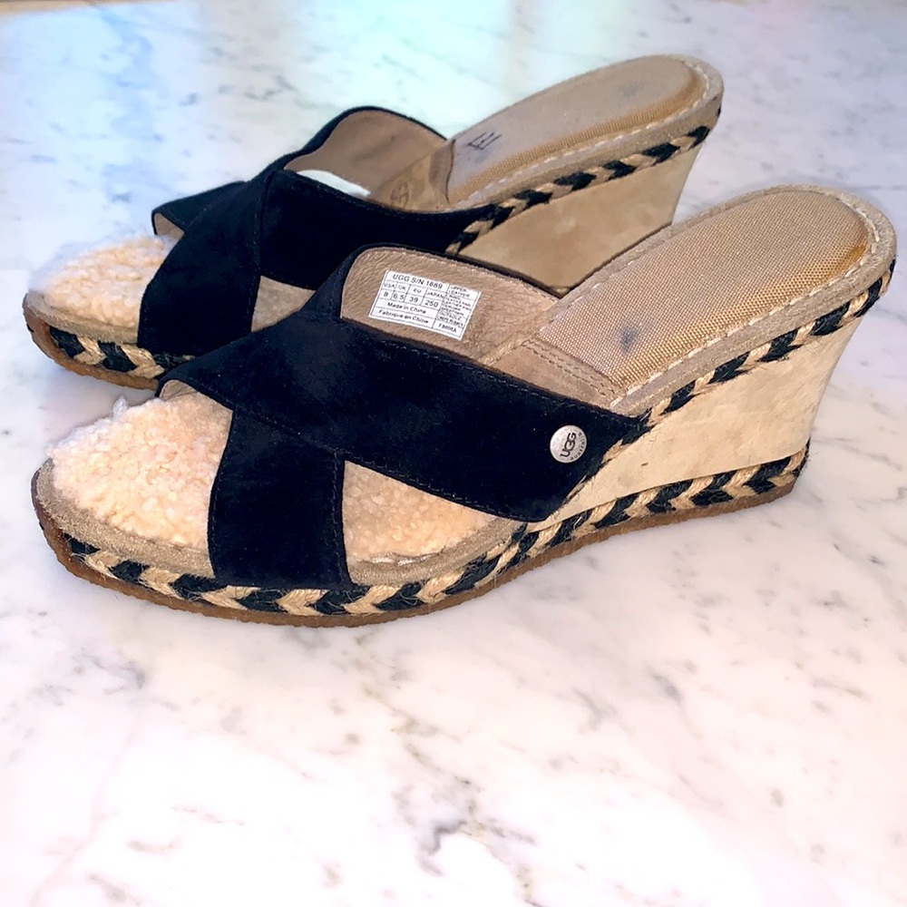 UGG Australia Margot Black Ivory Nubuck Shearling Wedge Slide Shoe Eur 39 Us 8M